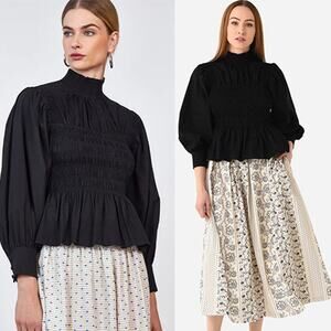 NWT Hunter Bell Loren Long Sleeves Smocked Black Mock Neck Blouse Top Size: XS